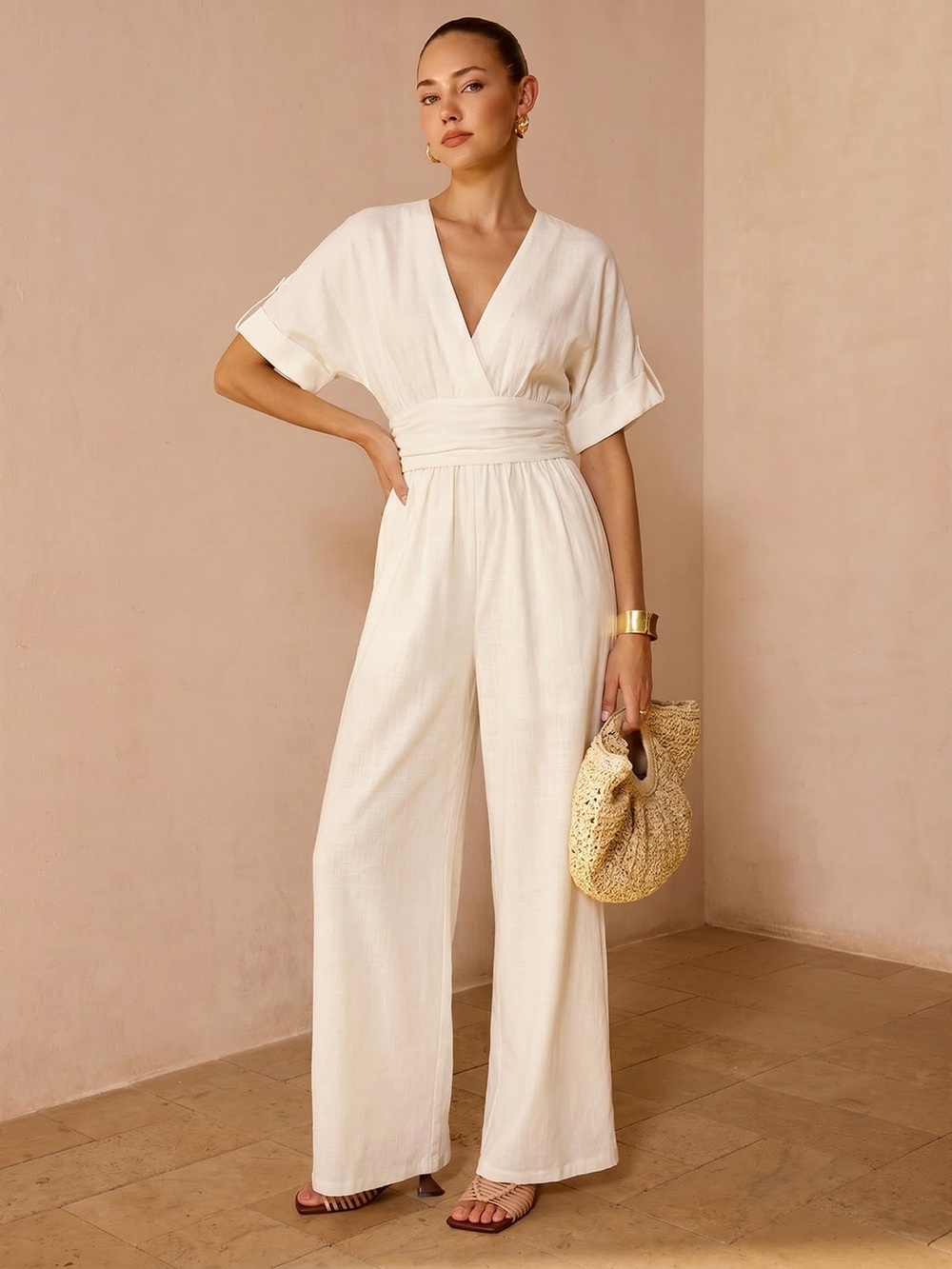 Commense Off White Tencel Ruched Waist Wide Leg Jumpsuit M NWT